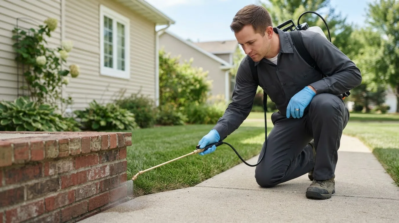 Pest control technician treating a home near Bucksport, ME