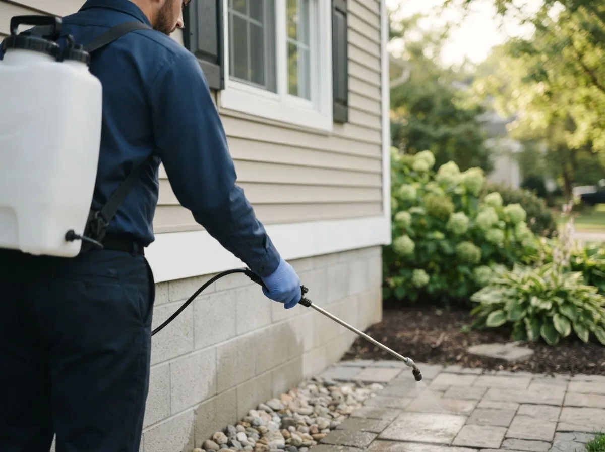 Pest control technician inspecting a home in Bucksport, ME